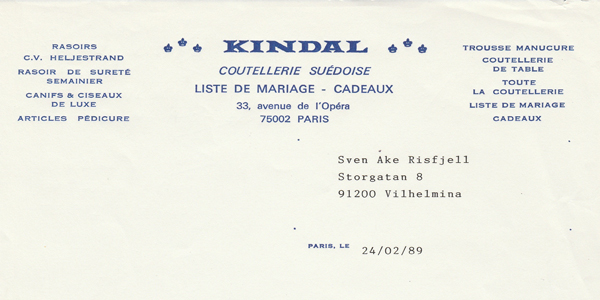 Inbjudningsbrev till Sven-Åke Risfjell från Kindahls i Paris