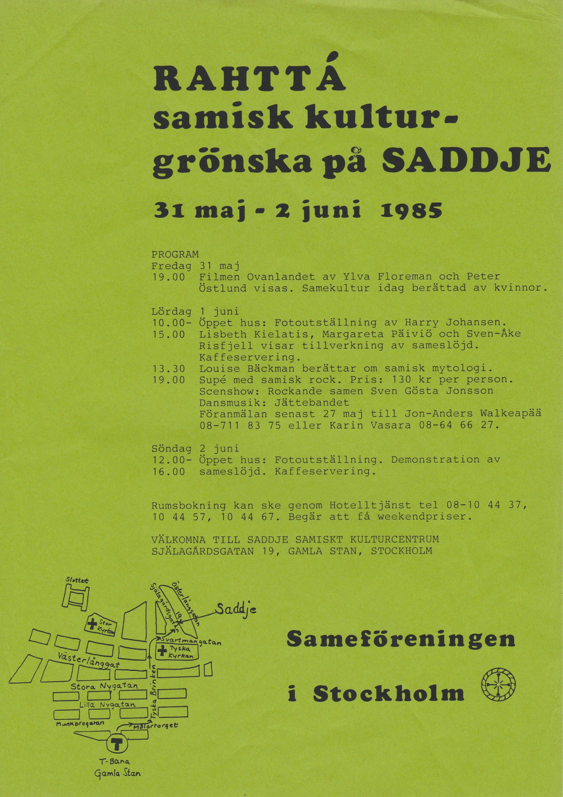 Programblad till samiska kulturdagarna Rahttá 1985 i Stockholm som Sven-Åke Risfjell deltog i 1985.
