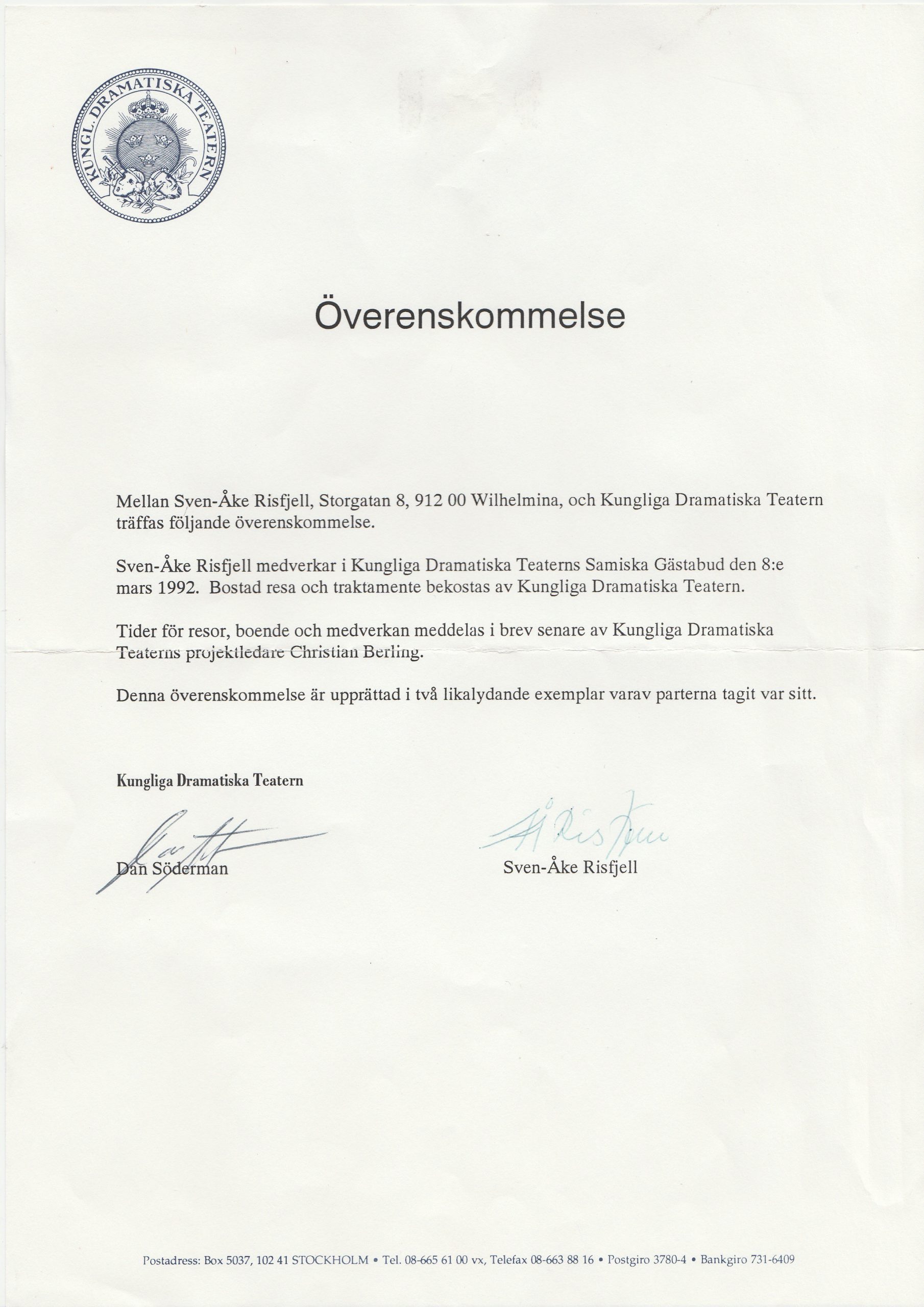 Anställningshandlingar för Sven-Åke Risfjell vid Dramatens Samiska Gästabud 1992.