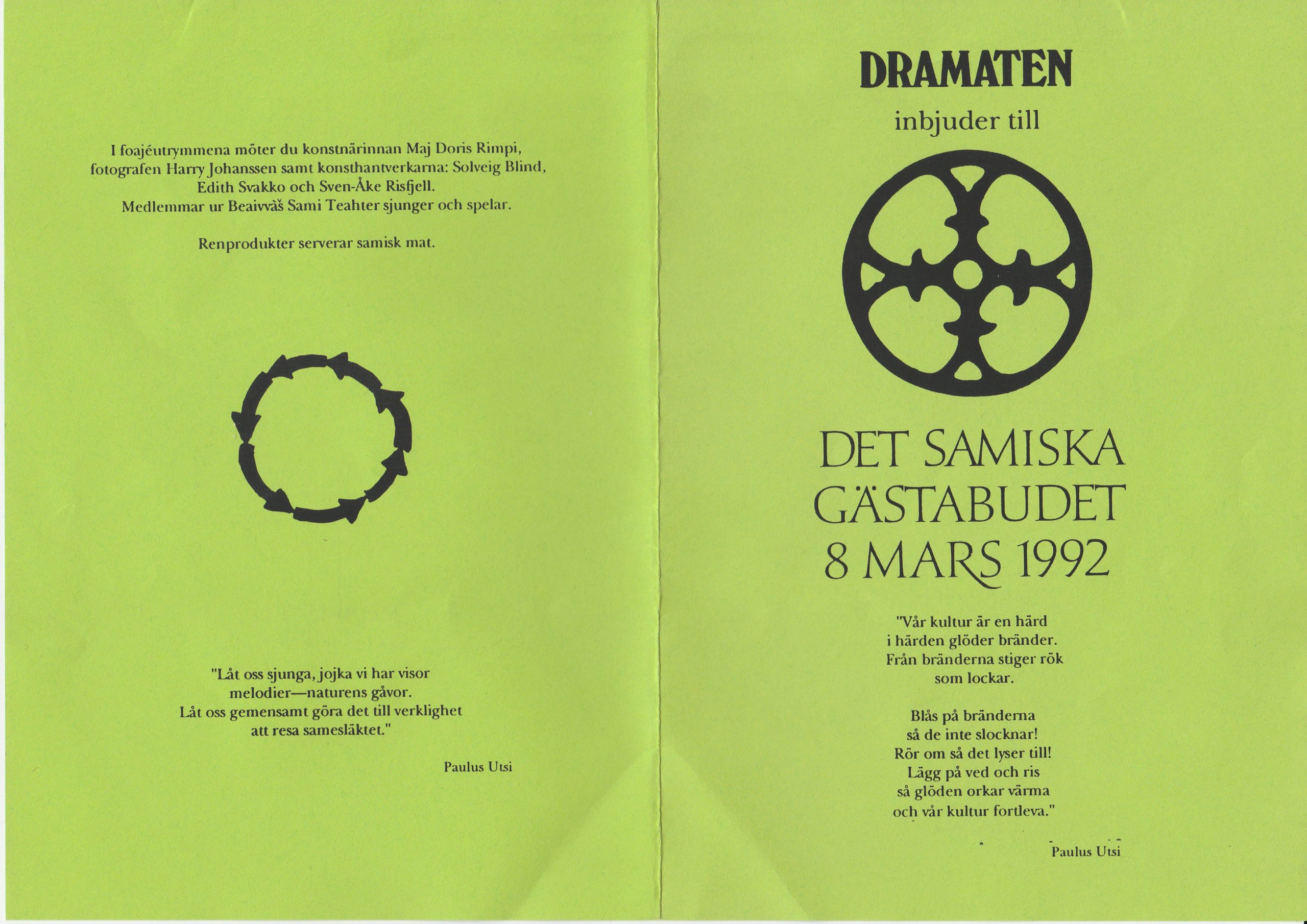 Programbladet för Samiska gästabudet på Dramaten 1992.