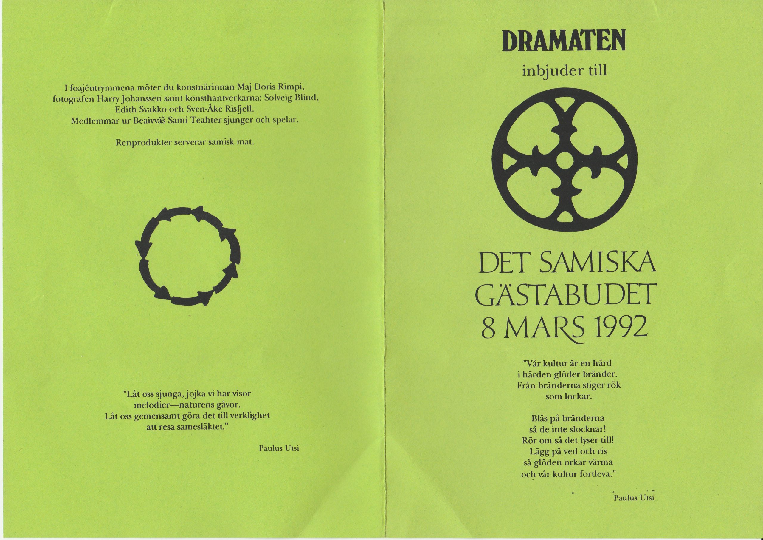 Programbladet för Samiska gästabudet på Dramaten 1992.