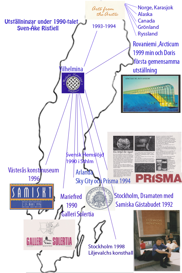 Utställningar för sameslöjdare Sven-ÅKe Risfjell under 1990-talet utsatt på en karta.