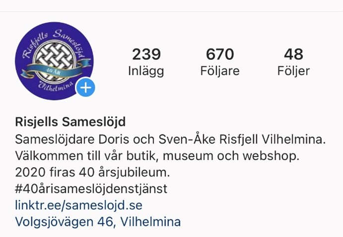 Vinjettsida till Risfjells Sameslöjd Instagramkonto.
