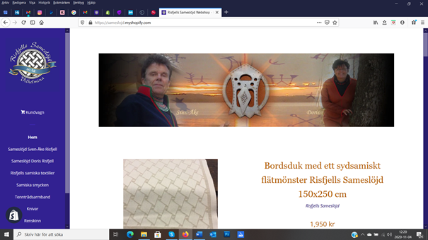 Vinjettsida till Risfjells Sameslöjds webshop.